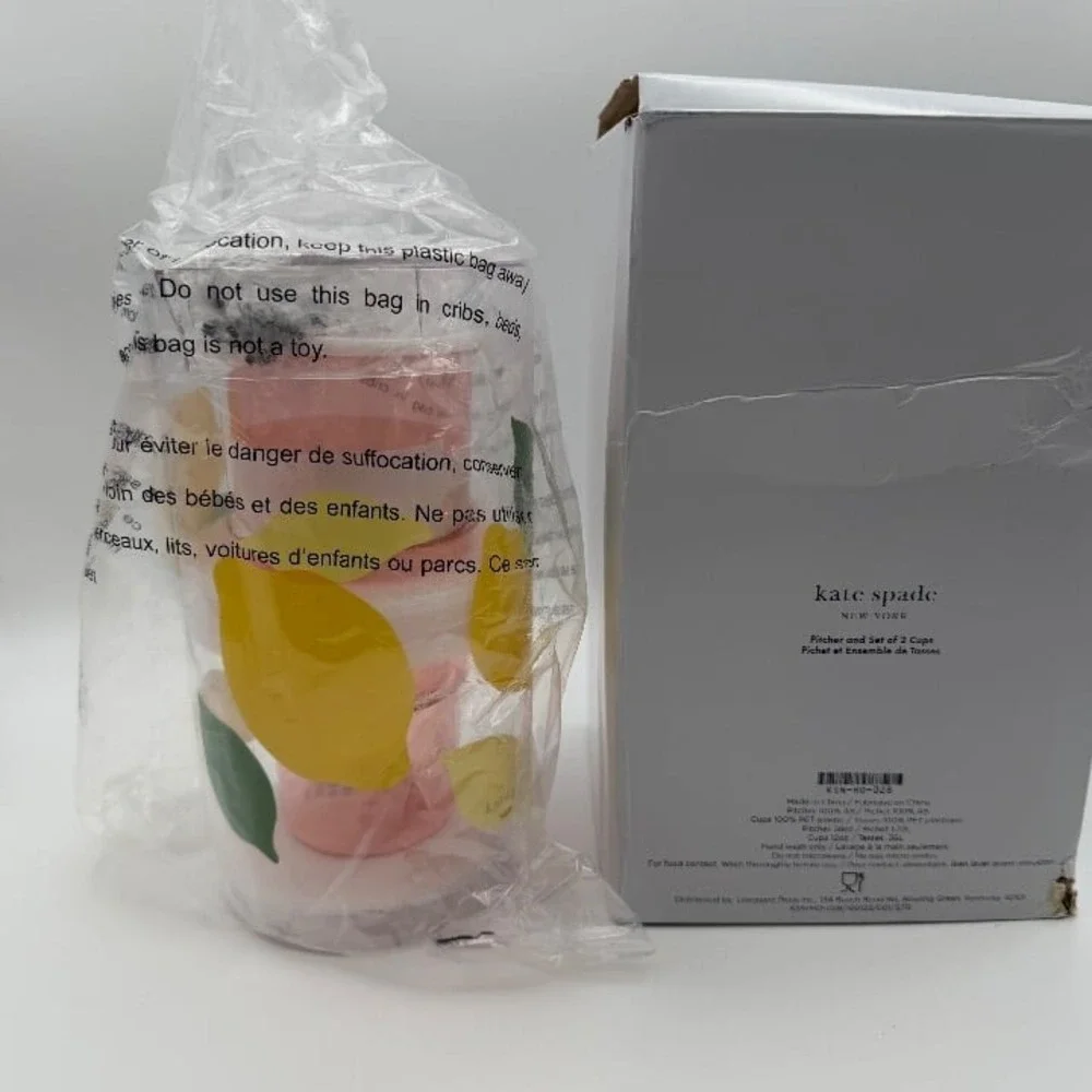 Kate Spade New York Lemon Pitcher + 2 Cups Acrylic 58oz / 12oz‎ NIB